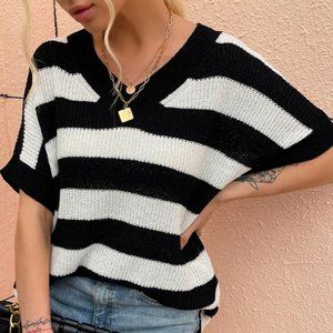 V-neck short sleeve style striped knit top